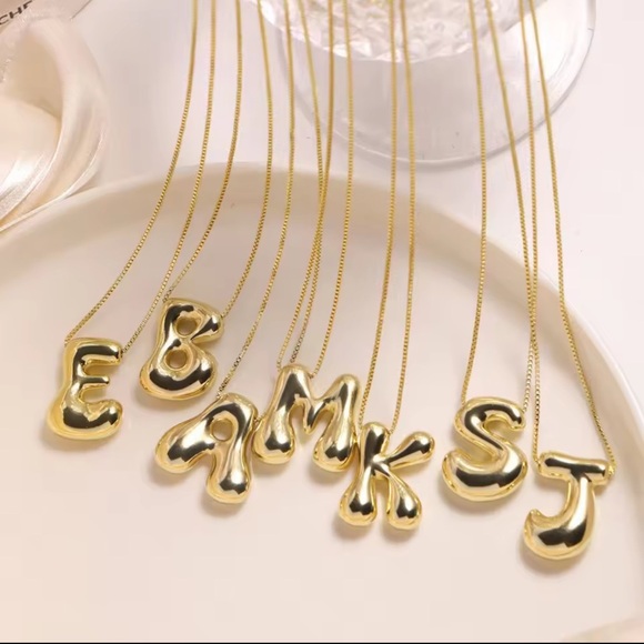 Gold Bubble Letter -M- Initial Necklace – Chunky Stainless Steel Pendant - Picture 3 of 10